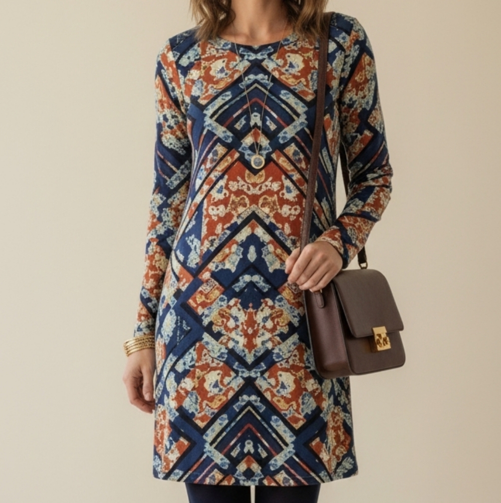 WAYF Geometric Floral Mini Dress Small Multicolor Mod Shift Zipper Back EUC